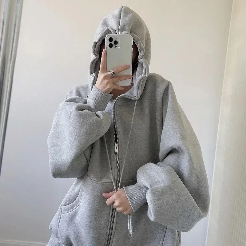 

Autumn Winter Women's Solid Oversized Loose Hooded Sweatshirt Streetwear Hoodies Women Korean Style Casual Zip Hoodie Y2k
