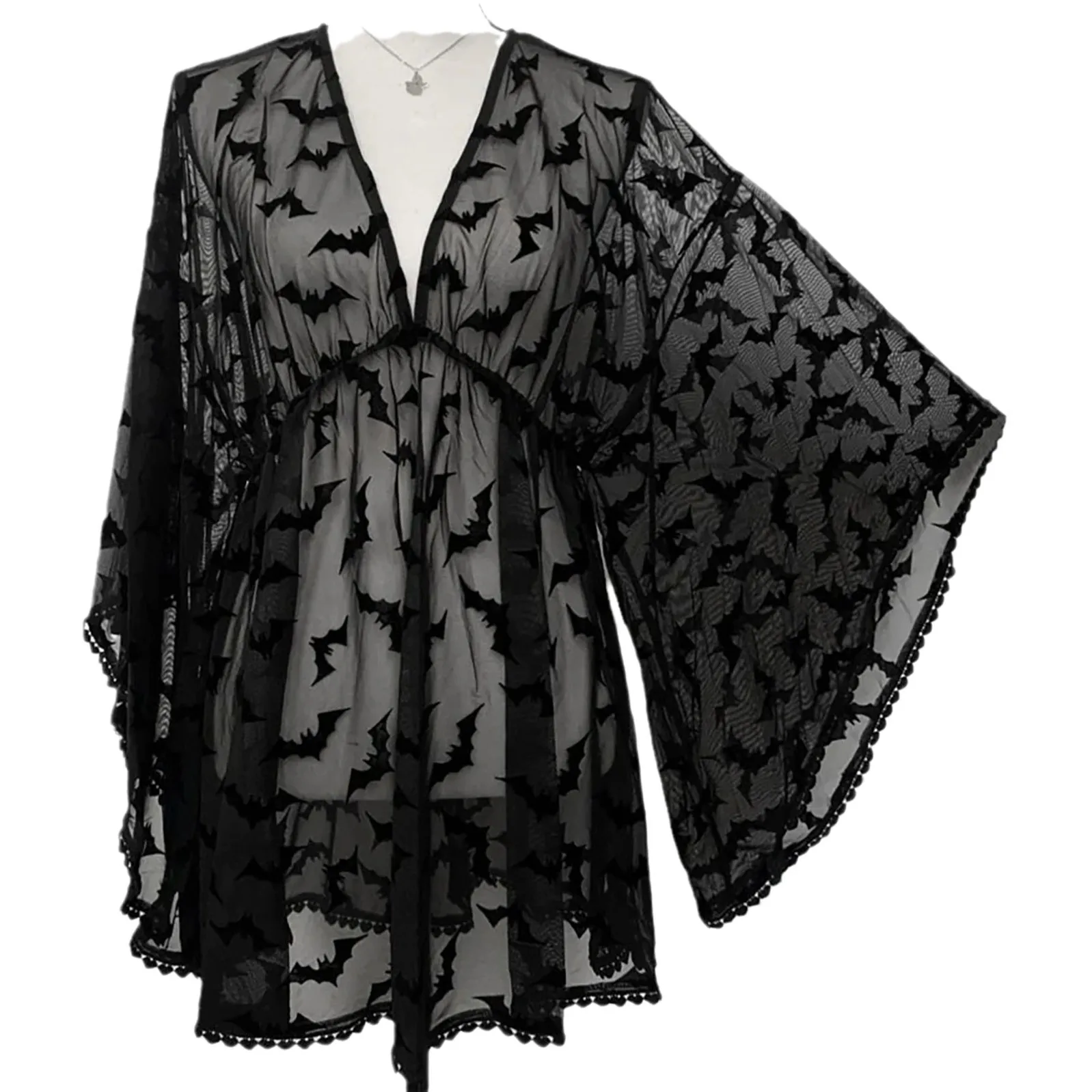 섹시한 로우인 란제리 딥 브이 박쥐 로브 시스루 레이스 나이트가운 여성용 특별 코스튬 속옷