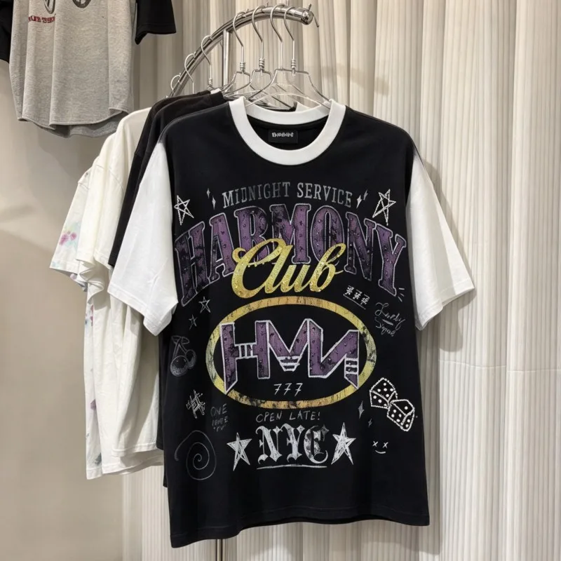 Black White Patchwork Sleeves Summer HARMONY Tshirt Retro Graffiti Fade Letter Hotfix Rhinestone Cotton Short Sleeve Men Women