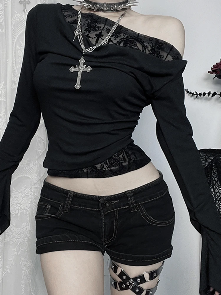 Top da donna a maniche lunghe con design direzionale gotico, nuova autunno, Halloween, elegante, con