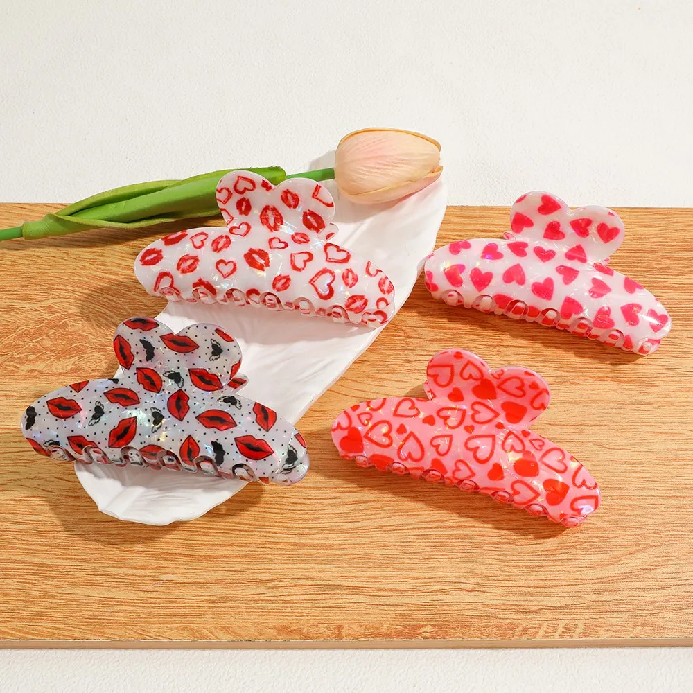 Heart Lips Print Acrylic Hair Claw Clip, Valentine Style Hair Jaw Clips Fashion Hair Holder For Women Daily Hairstyle Decor