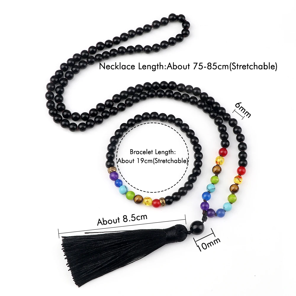 7 Chakra 108 Mala Beads Knotted Necklace Shiny&Matte Black Onyx Men Bracelet Fashion Women Tassel Rosary Meditation Jewelry Set view 6
