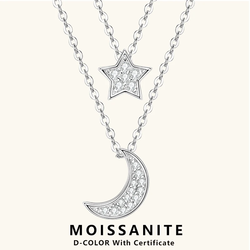 

Lnngy Genuine 925 Silver Double Layer Chain Necklace For Women Girls Moon And Star Moissanite Pendant Necklaces Jewelry Gift