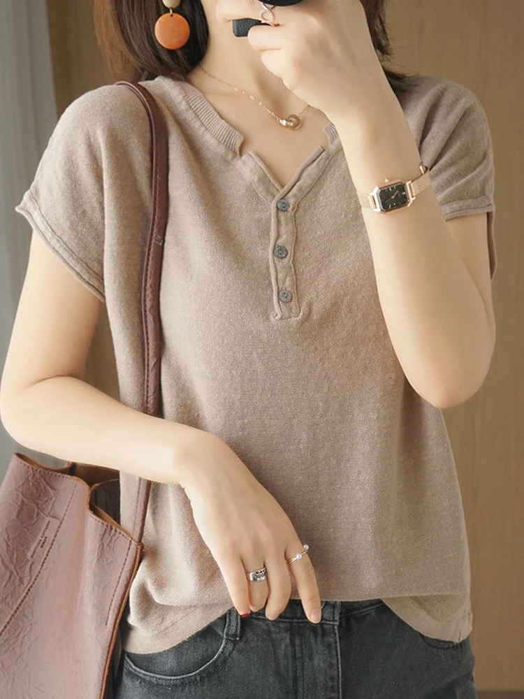 2024 Short Sleeves Womens T-shirt Button V Neck Cotton Linen Loose Tshirt for Female Basic Solid Casual Top Tees Summer