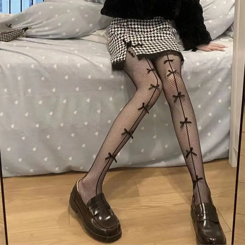 Women Sexy Mesh Fishnet Tights ultrathin Stockings Bows Transparent Gothic Party Club White Black Women Netting Socks Lingeries