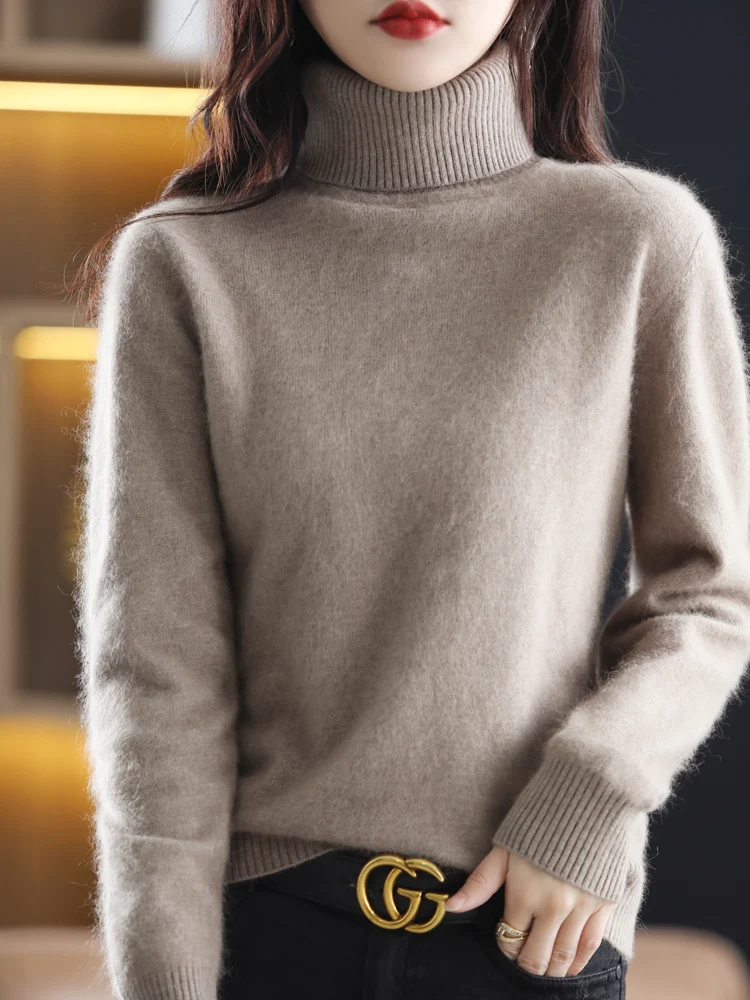 Autumn Winter New 100% Mink Cashmere Sweater Women' Lapel Thick Knit Pullover Casual Large Size Tops Short Turtleneck Base Shirt