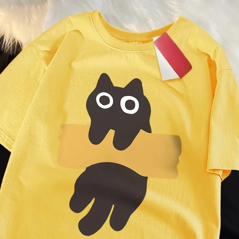 Fun Adhesive Tape Cat Print Japanese Style Short Sleeve Men Women Crewneck T-Shirts Short Sleeve Cartoon Animal Cat Tshirts