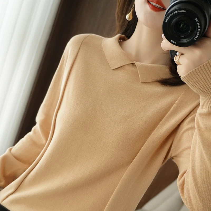 Women's Pullover Spring/Autumn New Style 100% Cotton Sweater Casual Solid Knitwear Ladies' Tops Loose Doll Collar Basic Blouse