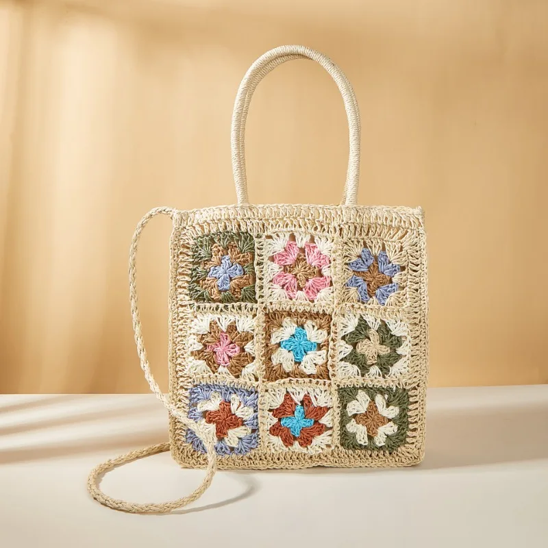 Summer Bohemian Ethnic Style Hand Crochet Flower Straw Bag Fashion Hand-made Paper Weaving Beach Floral Tote Bag Female 2024