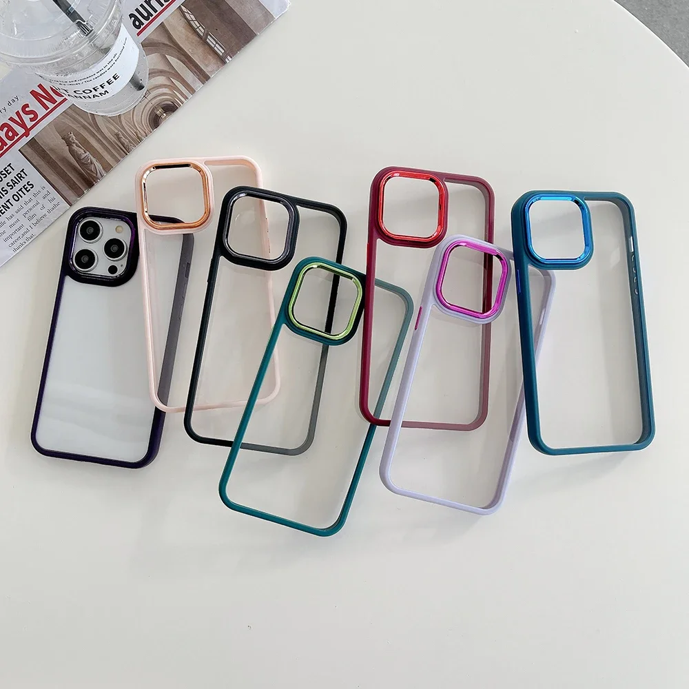 Custodia morbida per telefono paraurti in TPU per iPhone 15 14 Plus 13 12 11 Pro Max placcatura pulsanti in plastica bordo della fotocamera Cover posteriore trasparente in acrilico