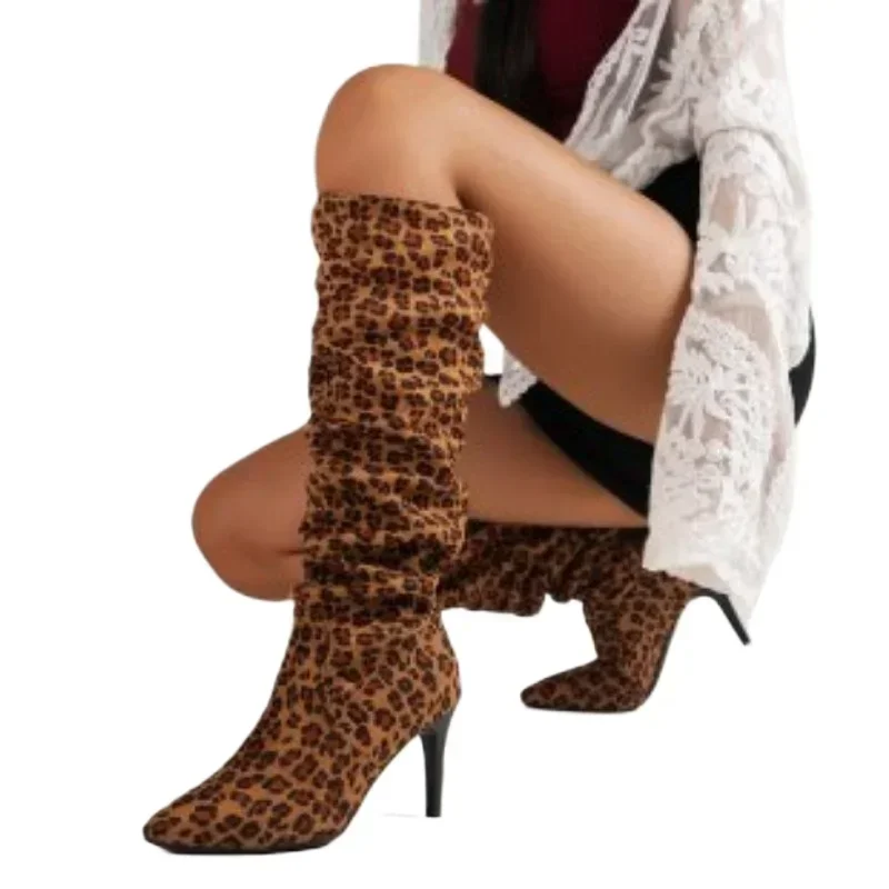 2024 Ladies Shoes Plus Size Knee-High Women's Boots Slip on Modern Boots Women Leopard Pleated Pointed Toe Thin Heel Shoes Women