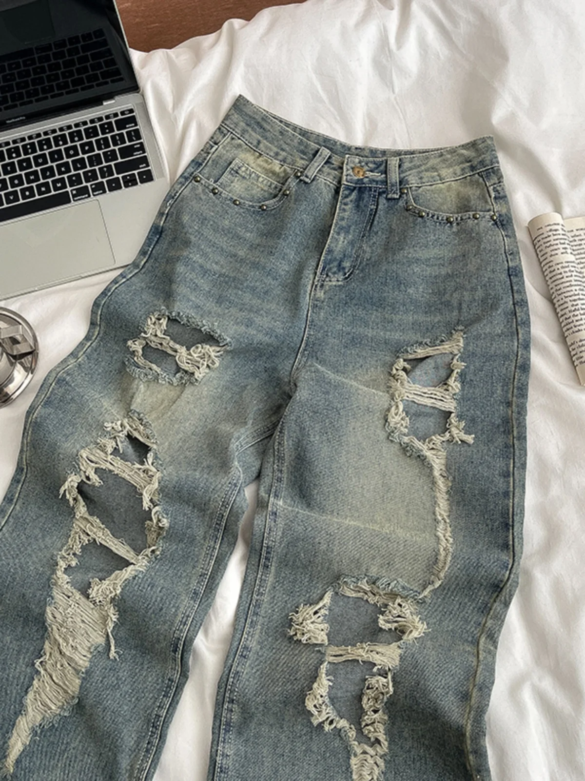 

Women Blue Holes Denim Pant 2024 Summer High Waist All-Match Wide Leg Long Pants Korean Casual Girl Jean Trousers