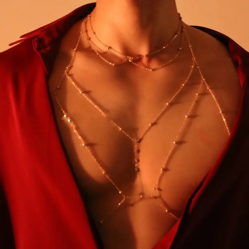 B&C Gold multi layer beaded body chain delicate adjustable chest chain fashion party body accessory for women