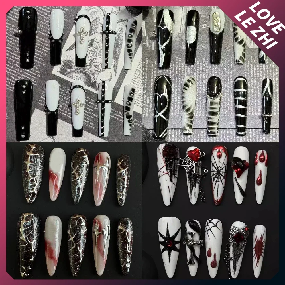 

Dark Gothic Handmade Long Coffin Stilettos Press On Nails Spice Girl Snake Spider Magic Mirror Powder Cat Eyes Diamond Fake Nail