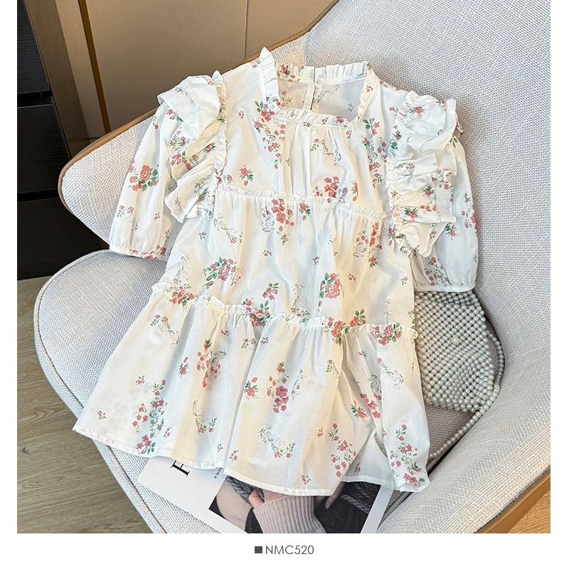 

O Neck Fungus Edge Puff Sleeve Fresh Blouses Pleated Patchwork Flower Print Chic Shirts Vintage French Blusas Mujer De Moda 2024