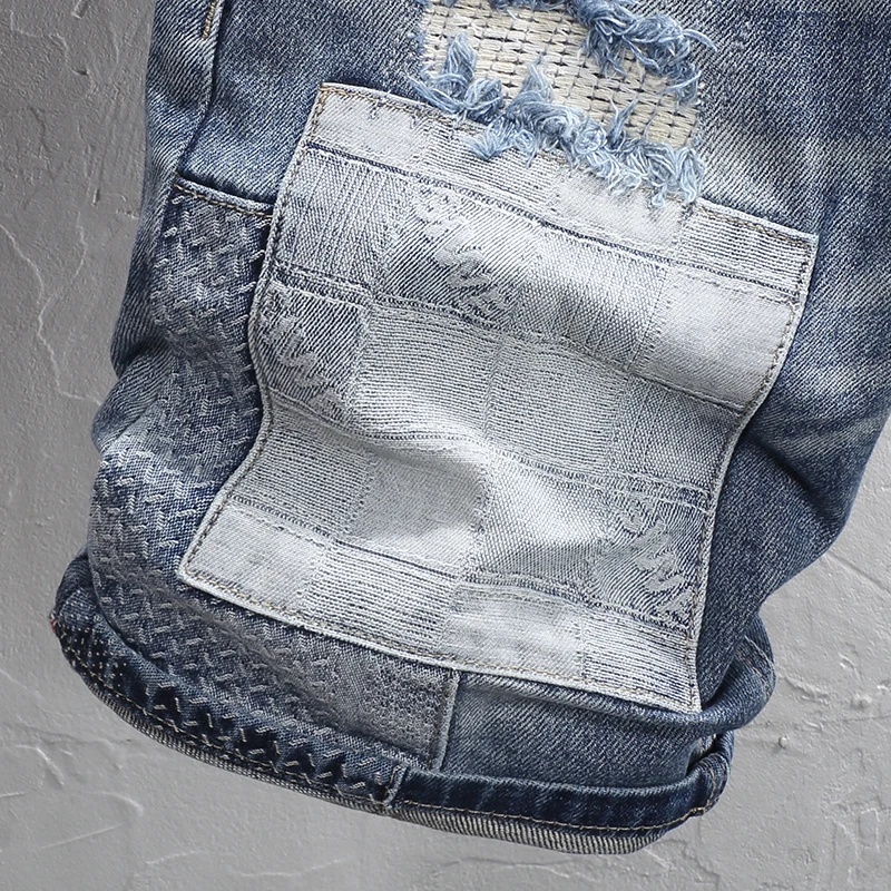 Summer Fashion Vintage Men Jeans Retro Washed Blue Stretch Slim Fit Ripped Short Jeans Patched Designer Hip Hop Denim Shorts Men