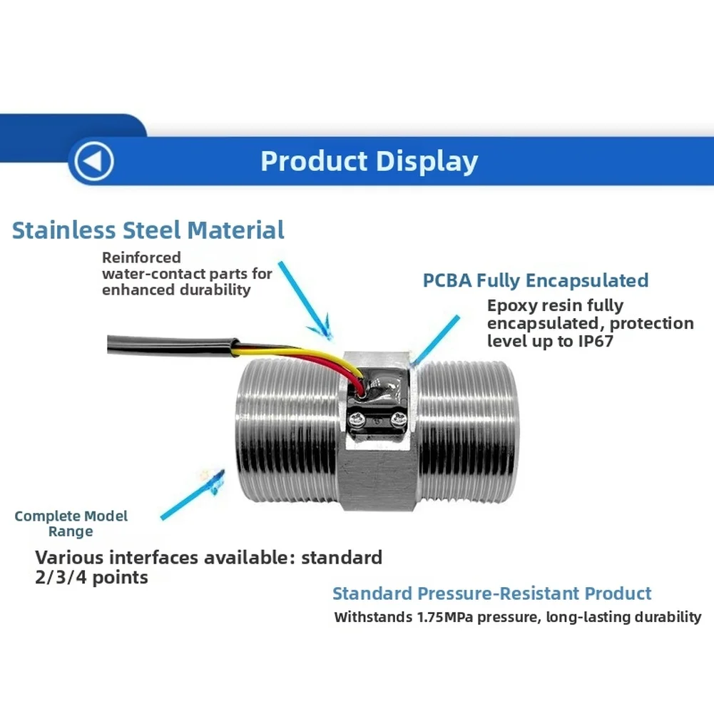 304 Stainless Steel Water Flow Sensor with Hall Effect Technology for Heat Pump Circulation 9-150 L/min Pressure 1.75 MPa