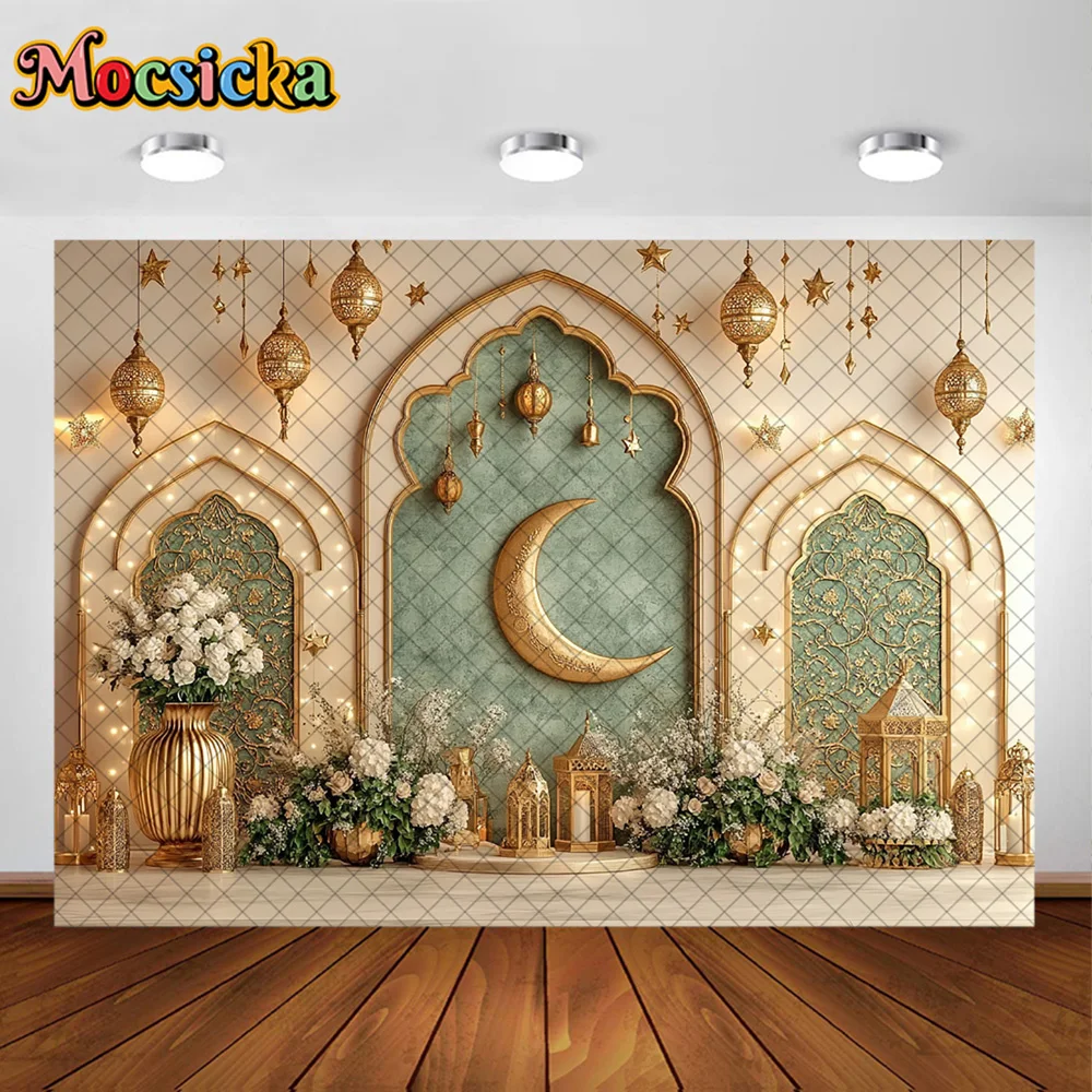 Mocsicka Photography Backdrop Golden Moon Flower Lamp Decoration Muslim Mubarak Themed Palace Party Portrait Photo Studio Props