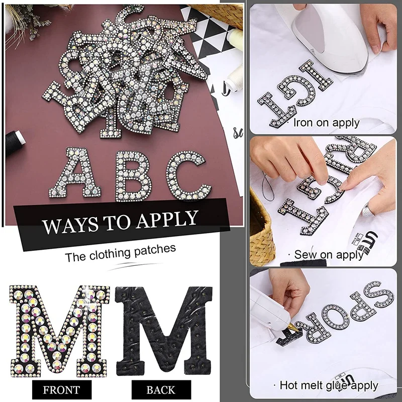 26 Piece Rhinestone Iron On Patch A-Z Bling Rhinestone Letter Patch Glitter Alphabet Applique For DIY Craft Supplies