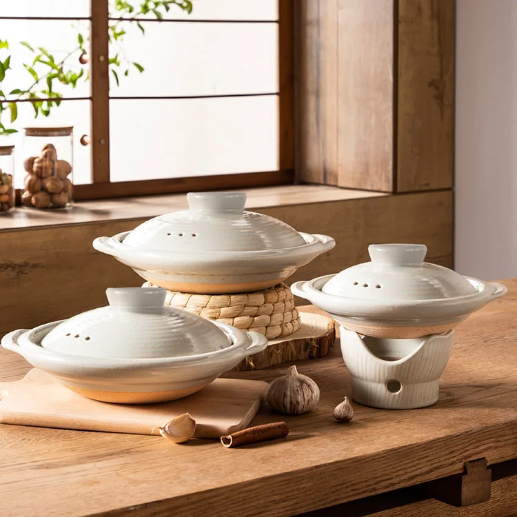 Vintage Traditional Red and Brown and Beige Earthenware Ceramic Casserole with Lotus Base Set, Multi-Capacity Stew Cooking Pot