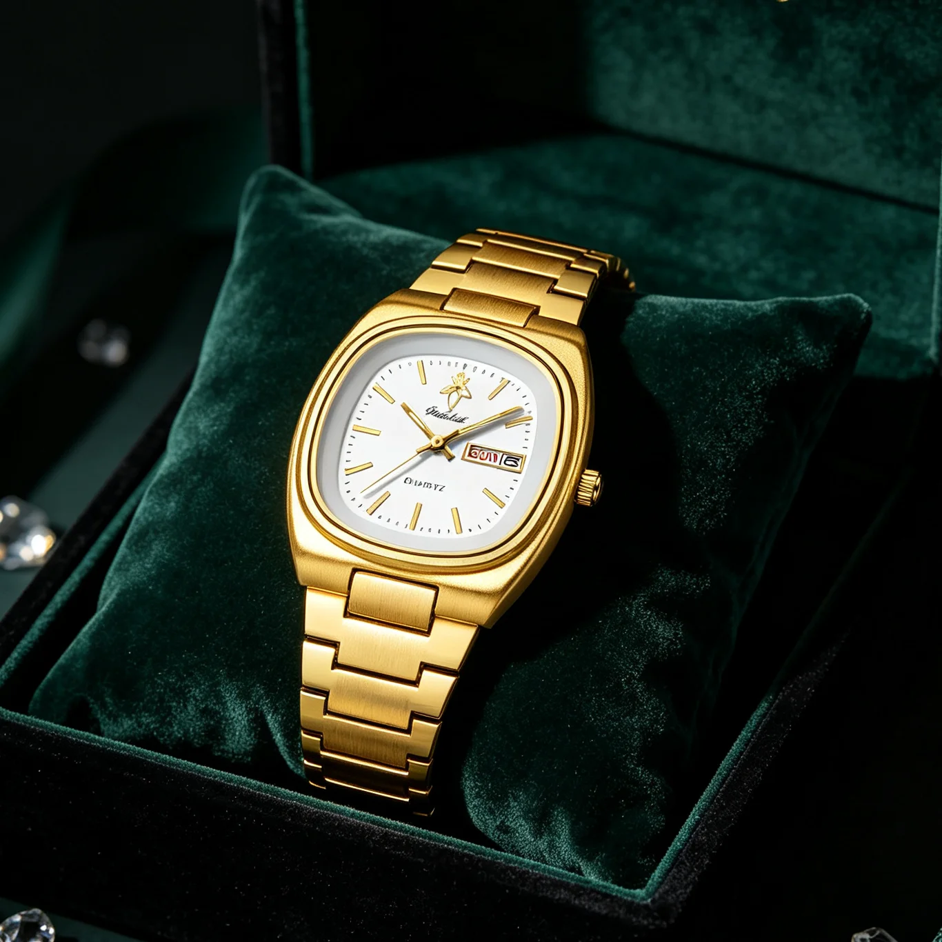 YaLaLuSi Vintage Tonneau Square White Dial Women Watch Day Date Display Brushed Solid Link Gold Bracelet Quiet Luxury Waterproof Ladies Quartz Wristwatch For Office Daily Commute