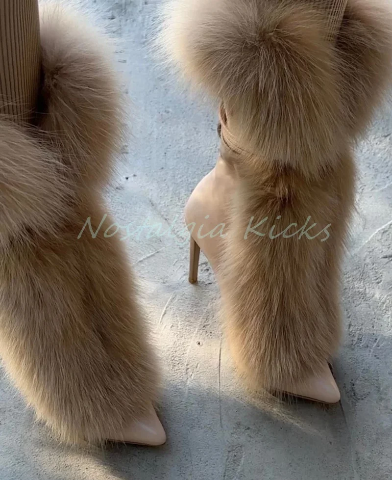 

Punk Style Beige Pointed Toe Real Fur Modern Boots Lace Up Stiletto High Heels Sexy Snow Boots for Women Elegant Mid Calf Boots