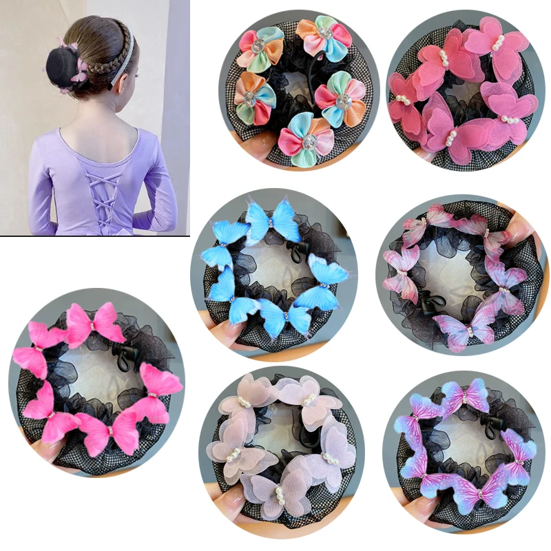 3 قطعة/الباليه اللاتينية الشعر صافي لطيف الفتيات كعكة أداة الرقص اليومي الصف فحص فراشة اللؤلؤ المعاوضة Hairnet الرقص الملحقات