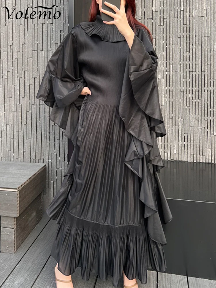 

Ruffle Sleeves Pleated Maxi Long Dress for Women Elegant Lapel Solid Color Loose High-end Dresses 2024 Spring New Long Maxi Robe