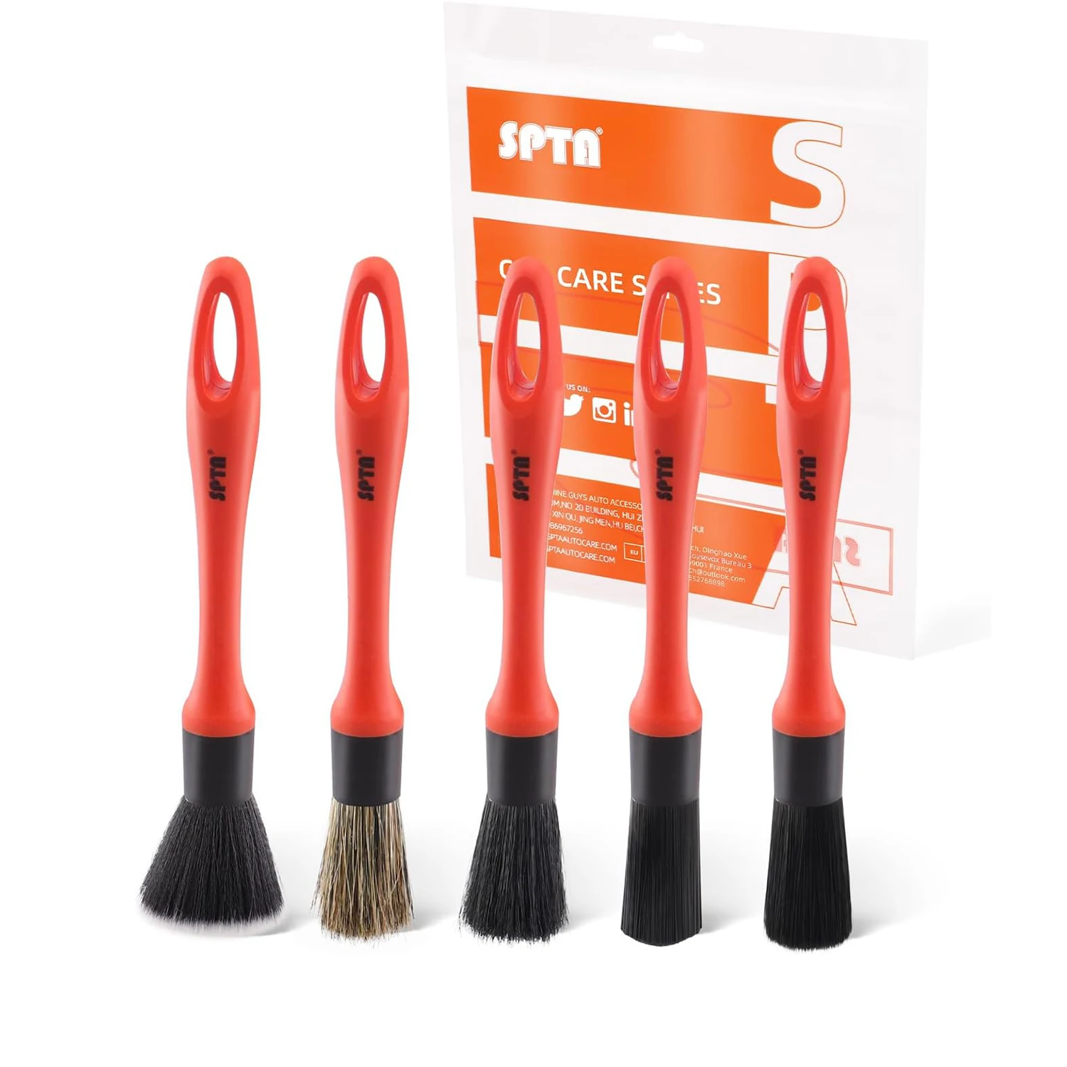 SPTA 5Pcs Soft Bristles Mixed Hair Car Detailing Brush Set Kit No Scratch for Automotive Interior Exterior Cleaning