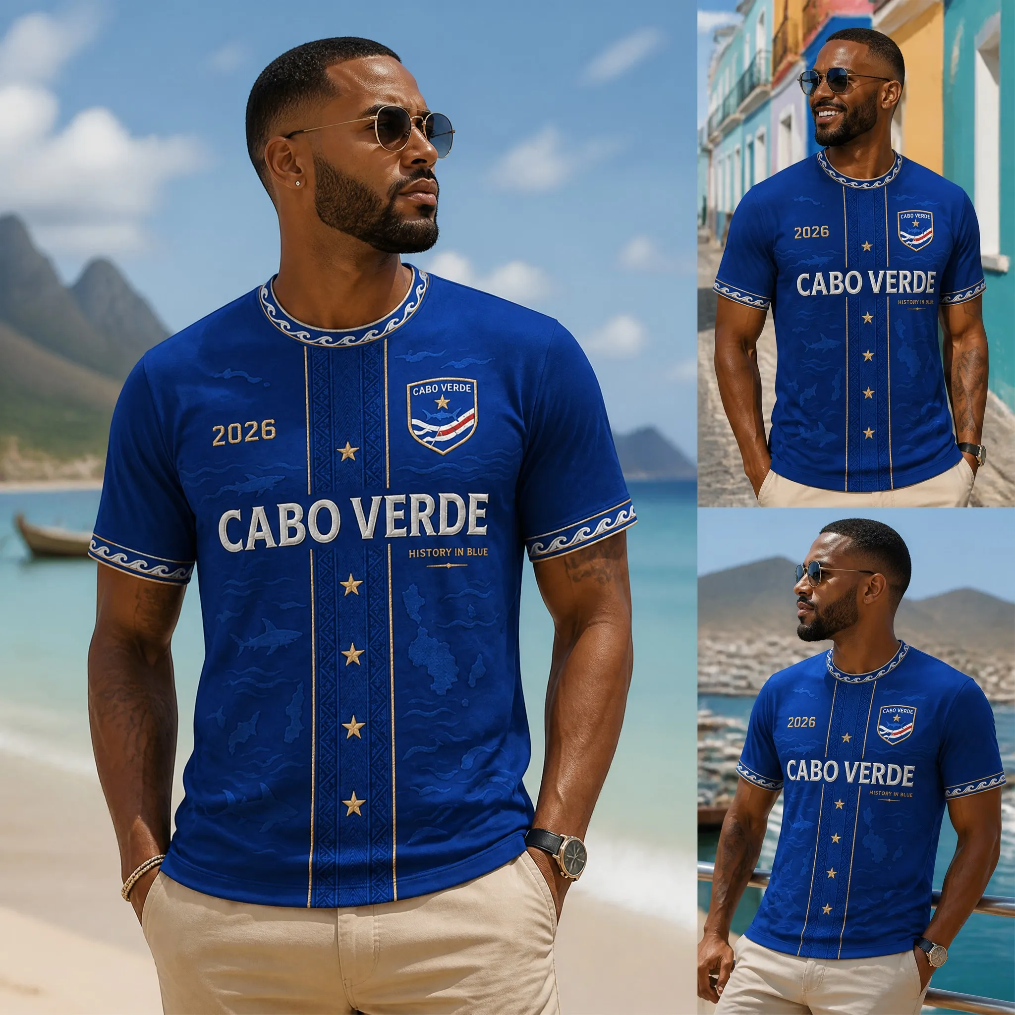 Mens Cabo Verde Crew Neck T Shirt Blue Vertical Stripe Print Short Sleeve Casual Top Island Heritage Beach Summer Style Vacation