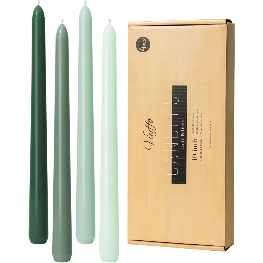 

Taper Candles 10 Inch Green Set of 4 Unscented, Dripless, Smokeless Long Tall Tapered Candlesticks Wedding Home Decor Din