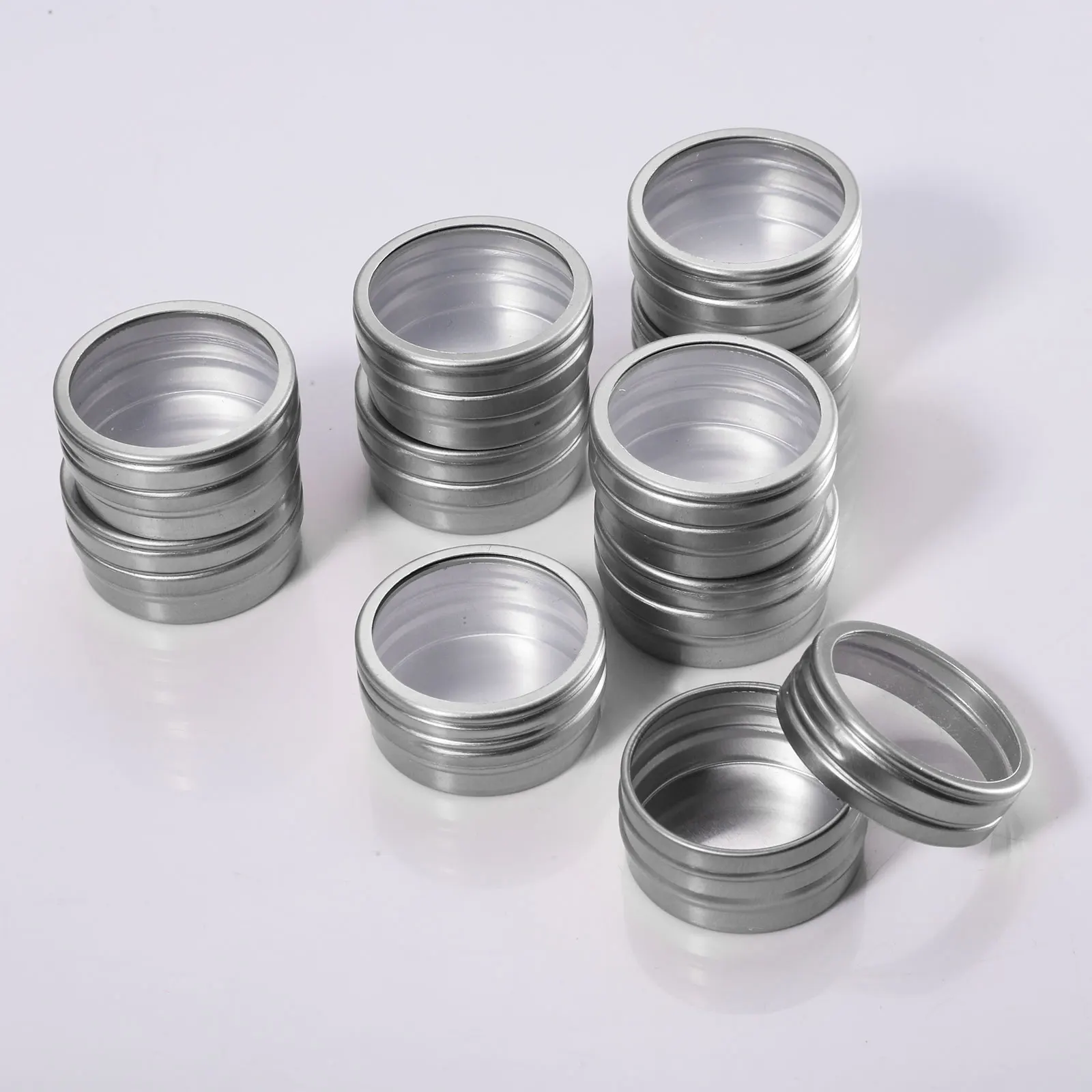 10 Aluminum Empty Containers Tin Cans with Transparent Window Lid Storing Small Items Organizer Round Jars Lip Balm Pot Organize