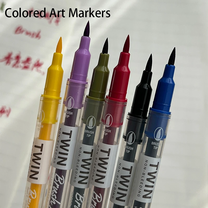 

6 Pcs Dual Tip Colored Art Markers - Soft Flexible Brush & Fine Point for Sketching Journaling DIY Crafts