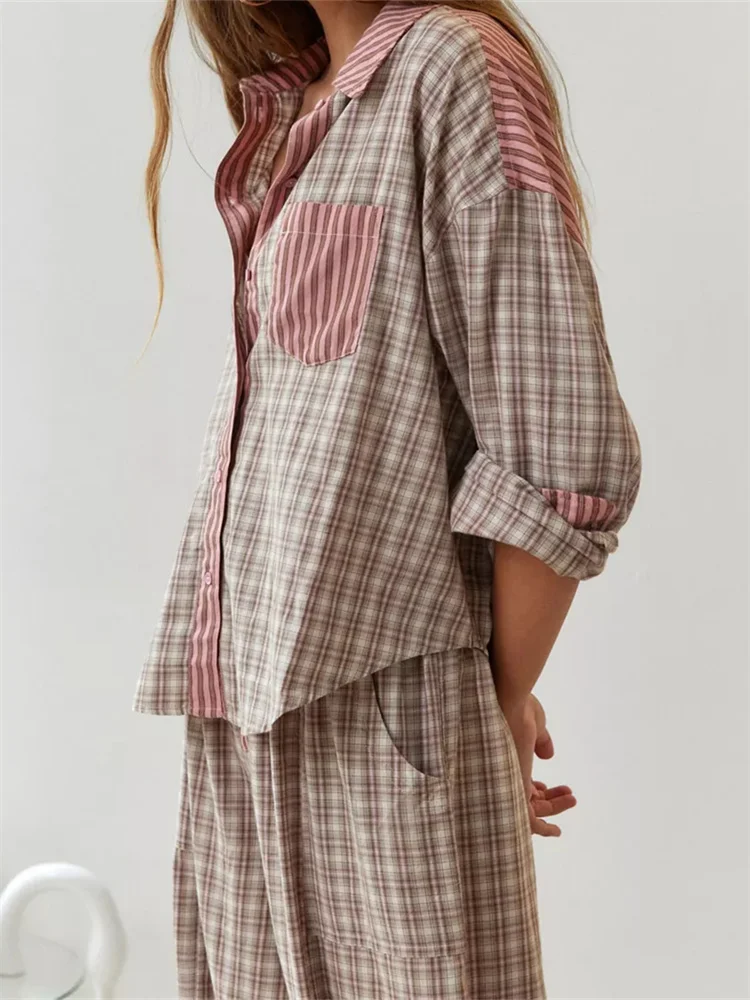 CHRONSTYLE Women Pajama Sets Plaid Patchwork Long Sleeve Button Closure Shirts Elastic Waist Pants Sleepwear Loungewear 2024 New