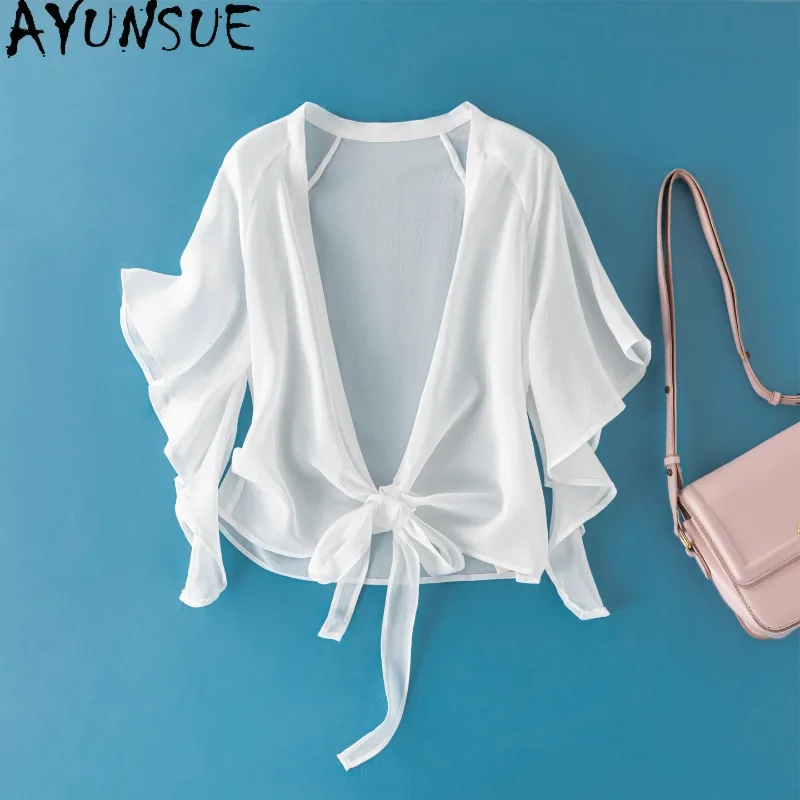 AYUNSUE 100% Silk Tops for Woman Stylish Summer Thin Shawl Solid Color Sunscreen Cardigan Casual Going Out Top Woman Clothes Топ