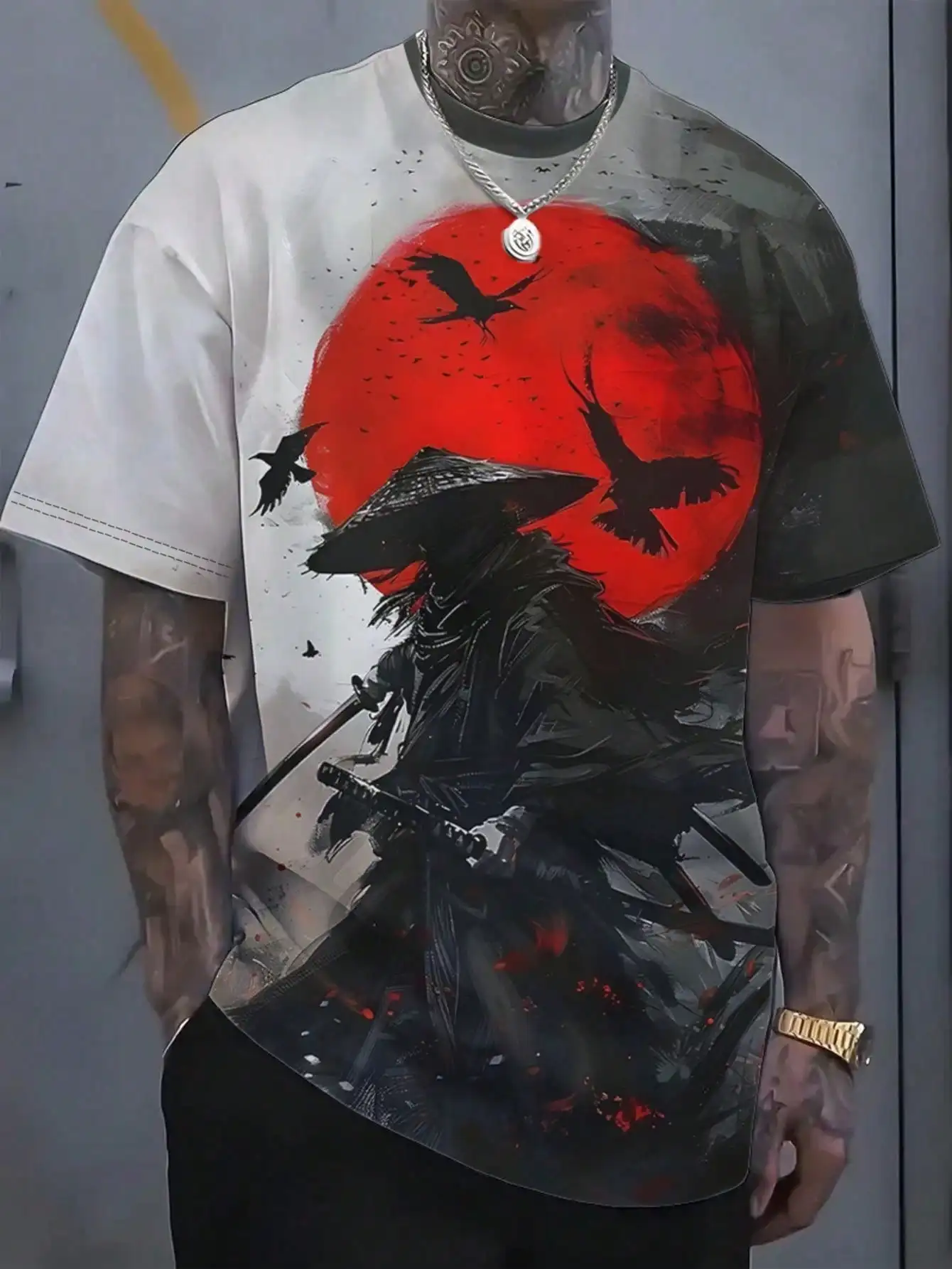 

Мужская футболка с коротким рукавом и принтом «Красная луна и воин», повседневная летняя одежда