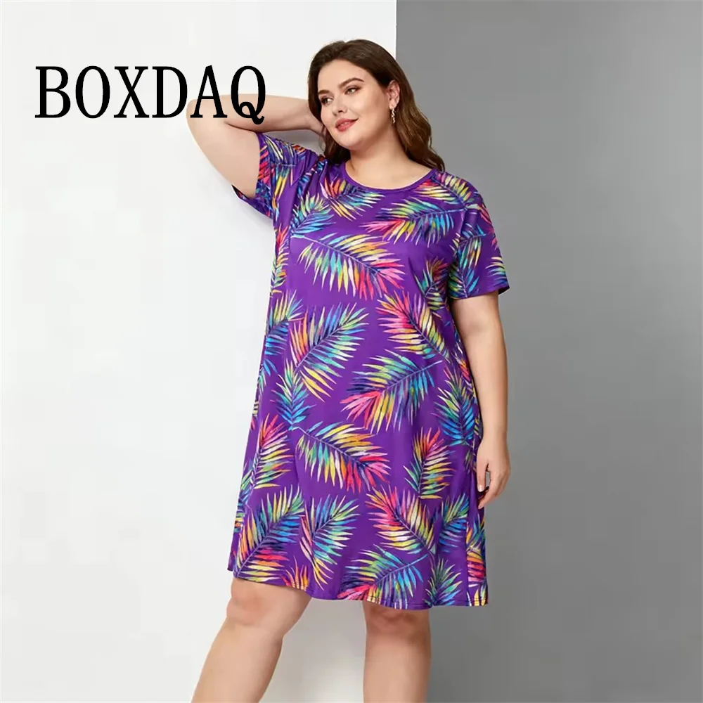 2026 9XL Plus Size Women's Dress For Summer Hawaii Vacation Beach Short Sleeve Palm Leaves Print Loose Dress Big Sizes Vestidos