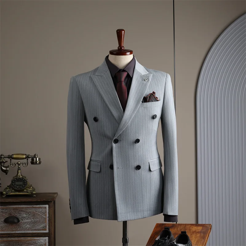 Wl002 High-End Double-Breasted Stripedsuit Heren Pak Casual Bruidegom Trouwjurk