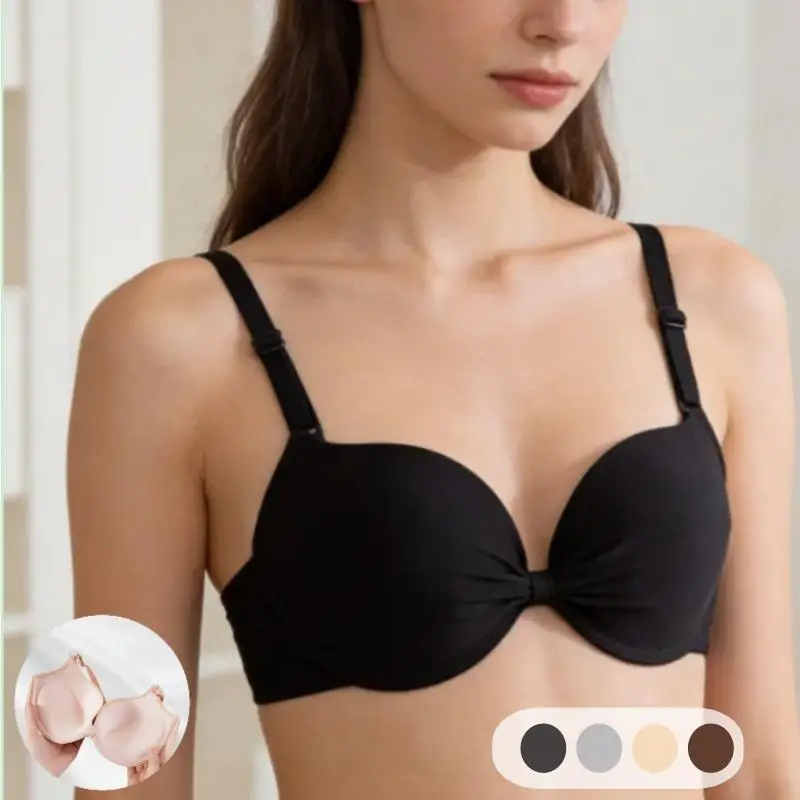 Women Bow Front Gathered Bras Small Chest Seamless Underwire Thick Under Thin Mold Cup Design Push Up Bralette
