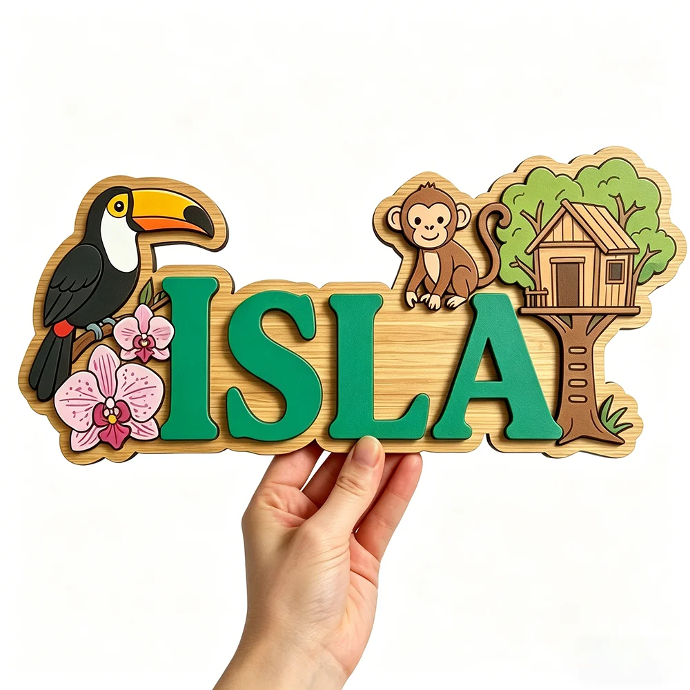 Whimsical Rainforest Adventure Custom Name Plaque for The Dearest Baby, 3D Wooden Kids Door Sign with Toucan, Monkey & Treehouse