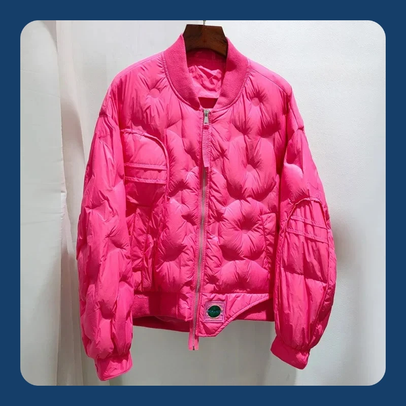 2025 Autumn and Winter Women's Down Baseball Coat Simple and Fashionable White Duck Down Coat Round Neck Coat Women's Jacket