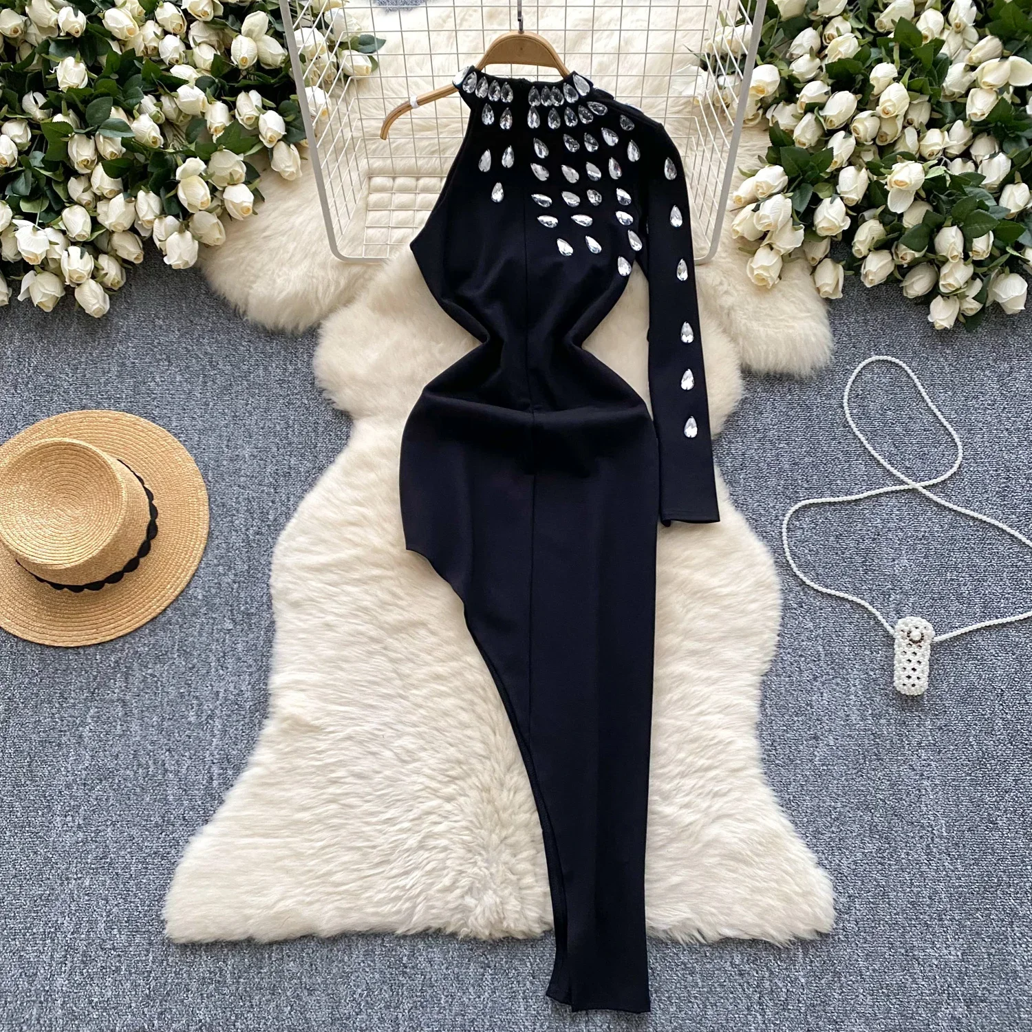 Vintage Hollow Out Elegant Rhinestone Chic Single Shoulder Slim Split Dresses Korean Sexy Evening Party Women Autumn Clothing