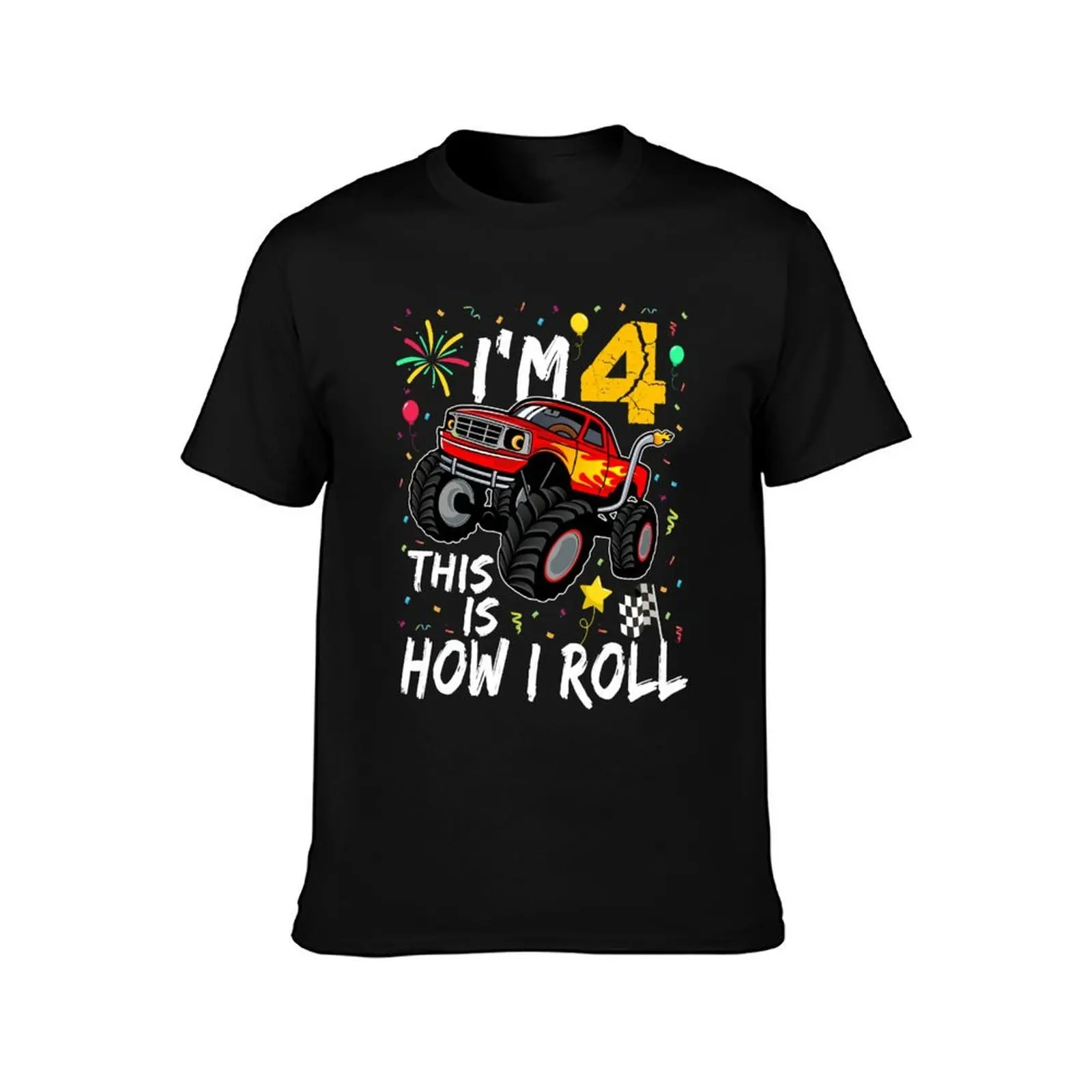 Monster Truck Car Birthday Boy 4 Year Old - I'm 4 This Is How I Roll T-Shirt, Summer Casual Cotton Tee, Vintage Graphic Print