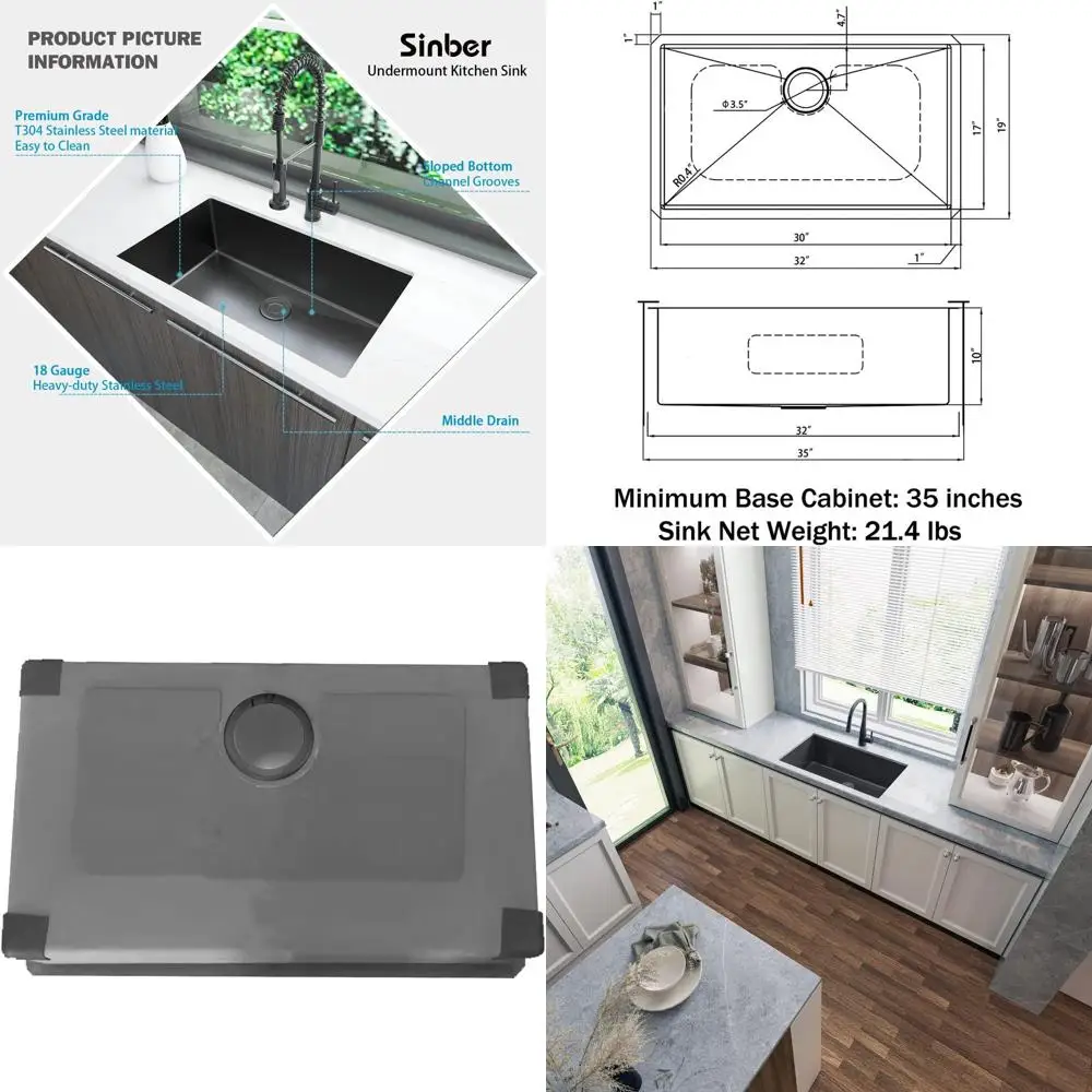 

Кухонная мойка подстольного монтажа, 32 x 19 x 10, из нержавеющей стали 304 (18 калибр), черная отделка
