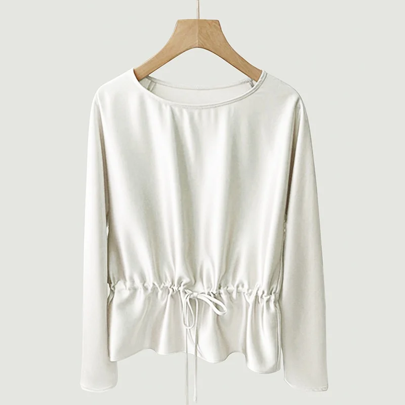 Birdtree OEKO-TEX 22MM 100%  Silk Drawstring Blouse,Women Solid O-neck Shirt,2025 Summer Autumn Full Sleeve TopsT5O403JF