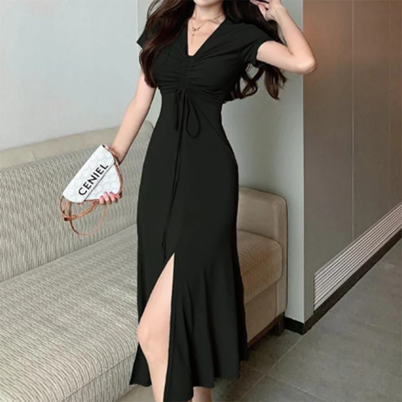 2022 Summer Sexy Solid Color Folds Drawstring Bandage Slit Midi Dress Waist Elegant Party Holiday Dresses Casual Robe Vestidos