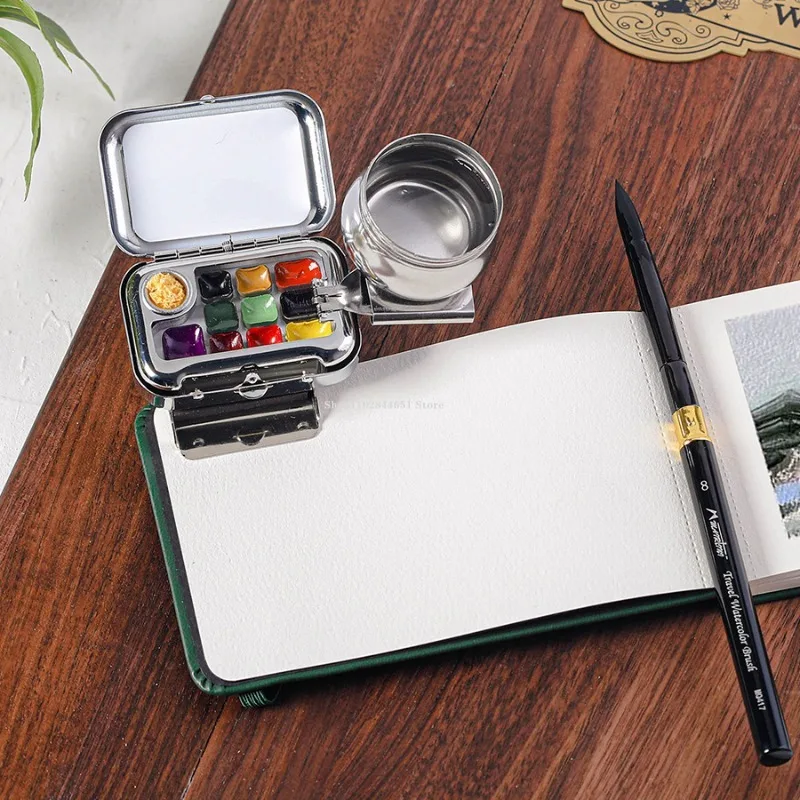 10/16 Grid Mini Solid Watercolor Pigment Box Metal Rinse Pen Cup Portable Palette Hand-painted Storage Palette Art Tool Set