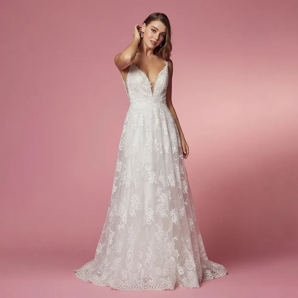 

Women's Deep V-neck Sleeveless Wedding Dress Sexy Backless Tulle A-line Floor Length Marry Dress Back Zipper Customized