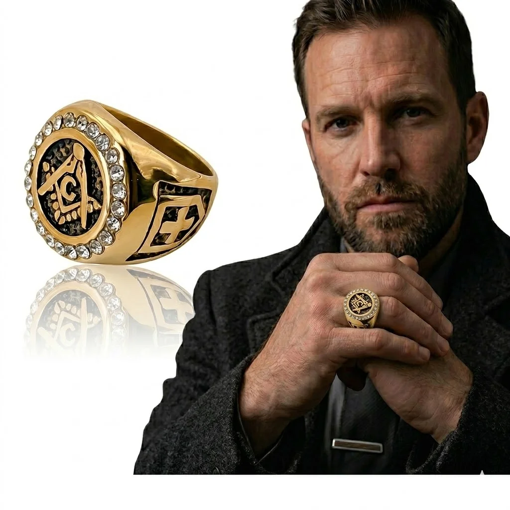 St-Delan Vintage Masonic Freemason Cross Ring for Men Gold Color Stainless Steel Iced Out Crystal Biker Signet Ring Male Jewelry
