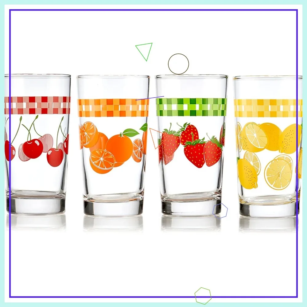 

Vintage Juice Glasses Set of 4, Colorful Retro Fruit Design, Dishwasher Safe for Everyday Drinks